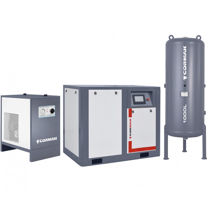 Screw Compressor Set CORMAK THEOR 50 INVERTER – 37kW – 7000L/min with CORMAK IZBERG N50S Air Dryer and 1000L Vertical Air Tank